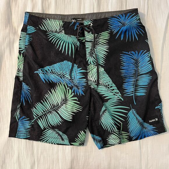 MENS HURLEY LEAF PRINT BLACK SWIM BOARD SHORTS SIZE 30 Tie Front Back Pocket - Picture 1 of 5